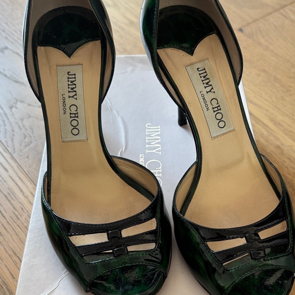 Jimmy Choo Dark Green Peep Toe Heels